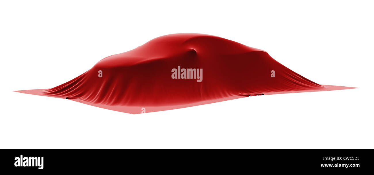 3d illustration of car covered by red silk. Isolated on white background Stock Photo