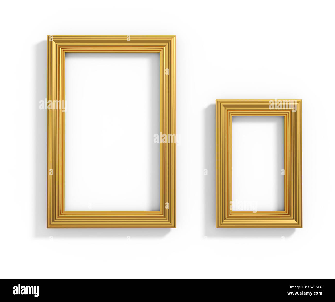 3d illustration of golden frames with shadow hanging on the wall Stock Photo