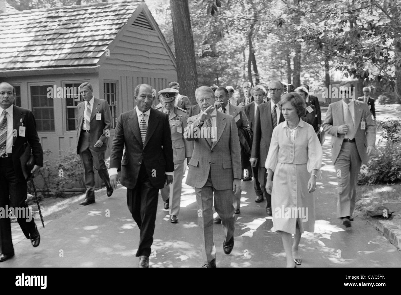 Jimmy Carter welcomes Anwar Sadat and the Egyptian delegation to Camp David. The delegation was critical to the success of the Stock Photo