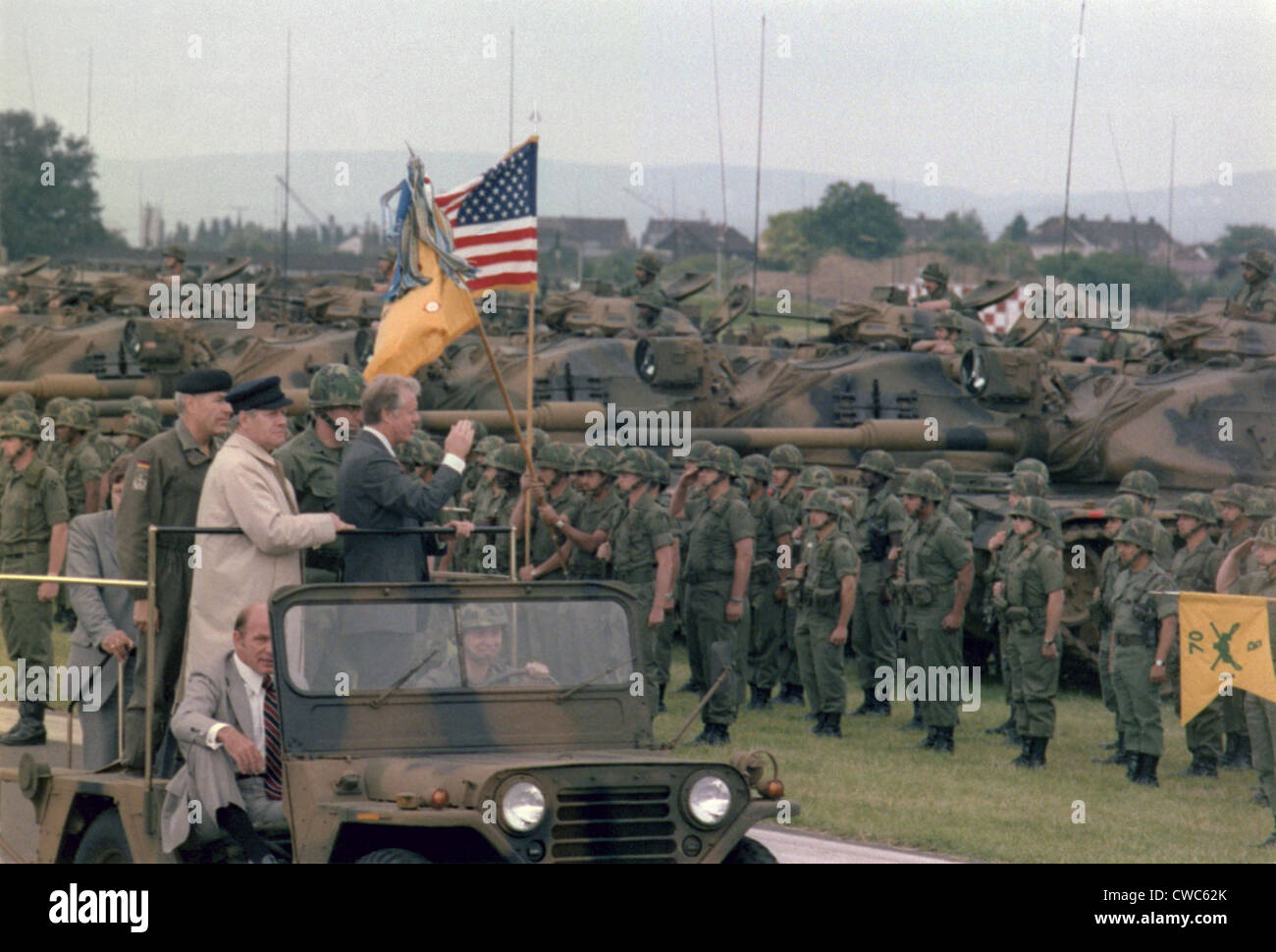Present Jimmy Carter and Helmut Schmidt review NATO troops and weapons of the US Brigade '76 and the German Panzer Division 14. Stock Photo