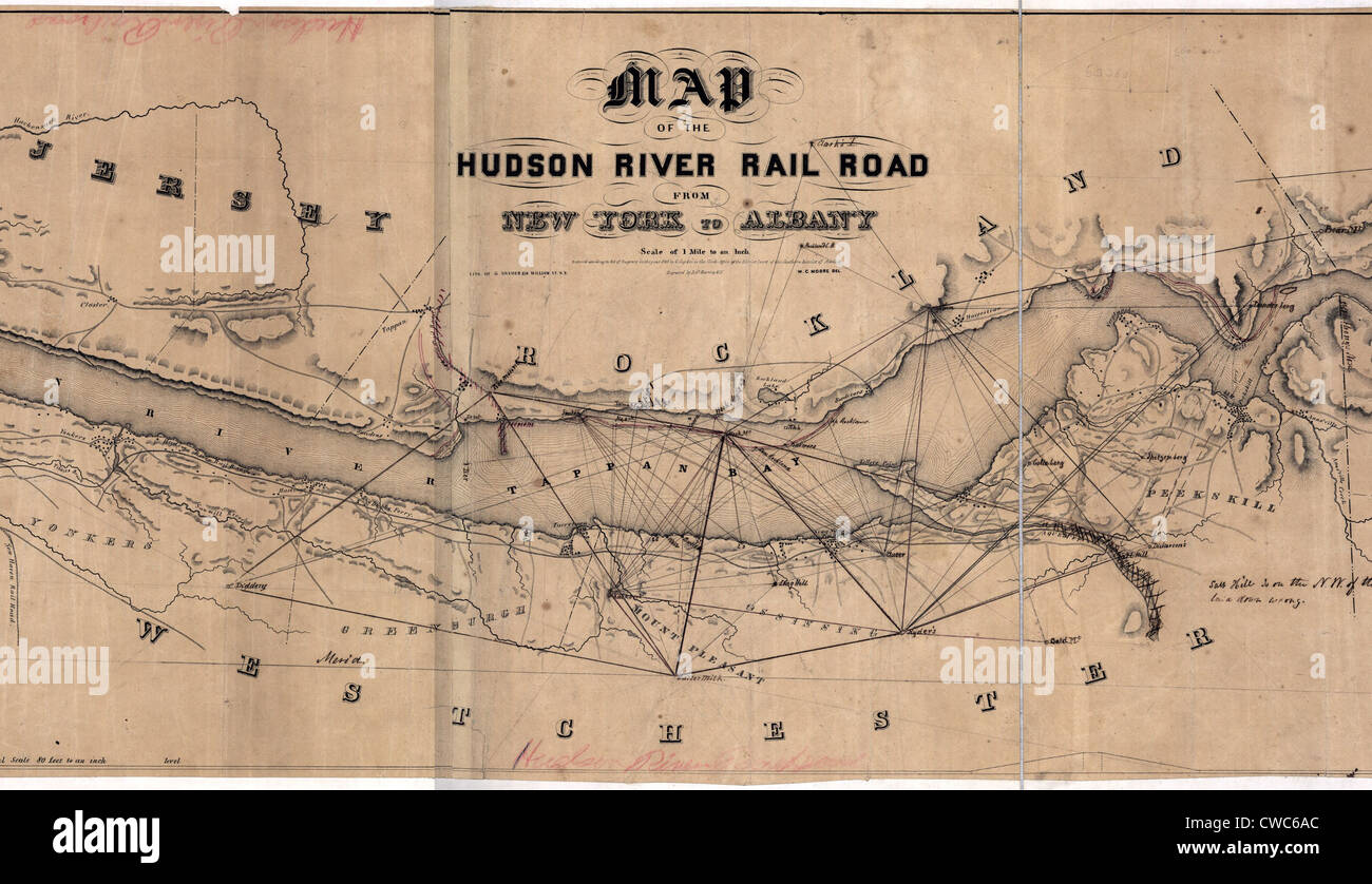 Map of the Hudson River Railroad. 1848 Stock Photo