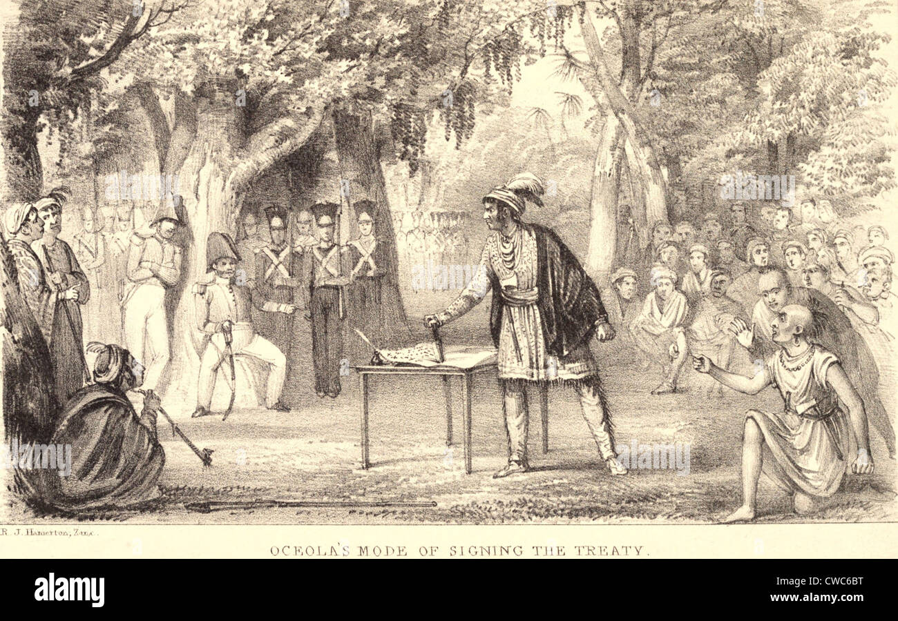 Osceola Mode of Signing a Treaty. Of Creek Scots-Irish and English parentage he became Seminole leader in Florida after the Stock Photo