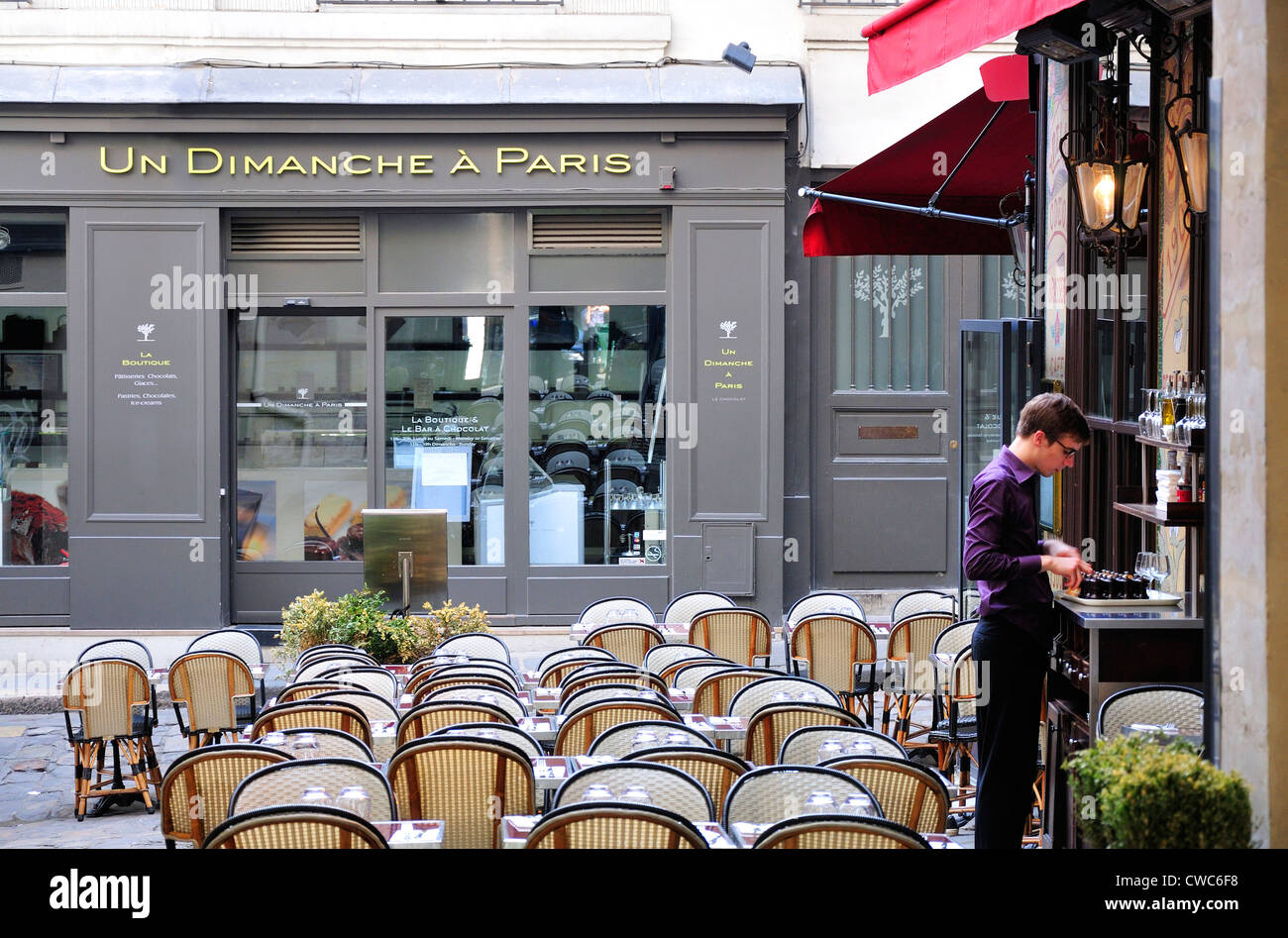 Paris, France. Cour du Commerce Sainte-Andre. 'Un Dimanche a Paris' cafe Stock Photo