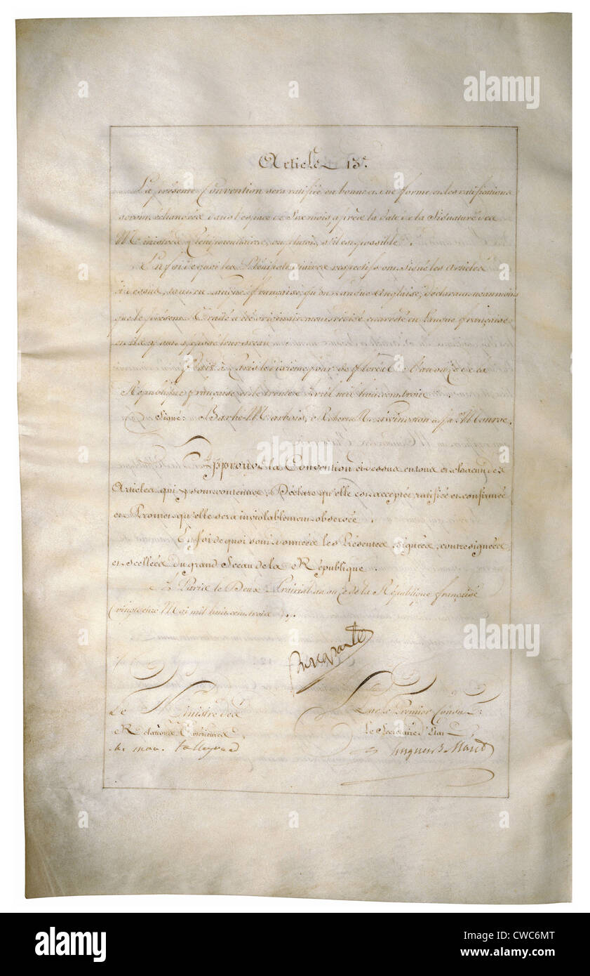 Louisiana Purchase Treaty of 1803 signed by Napoleon Bonaparte and Talleyrand. Stock Photo