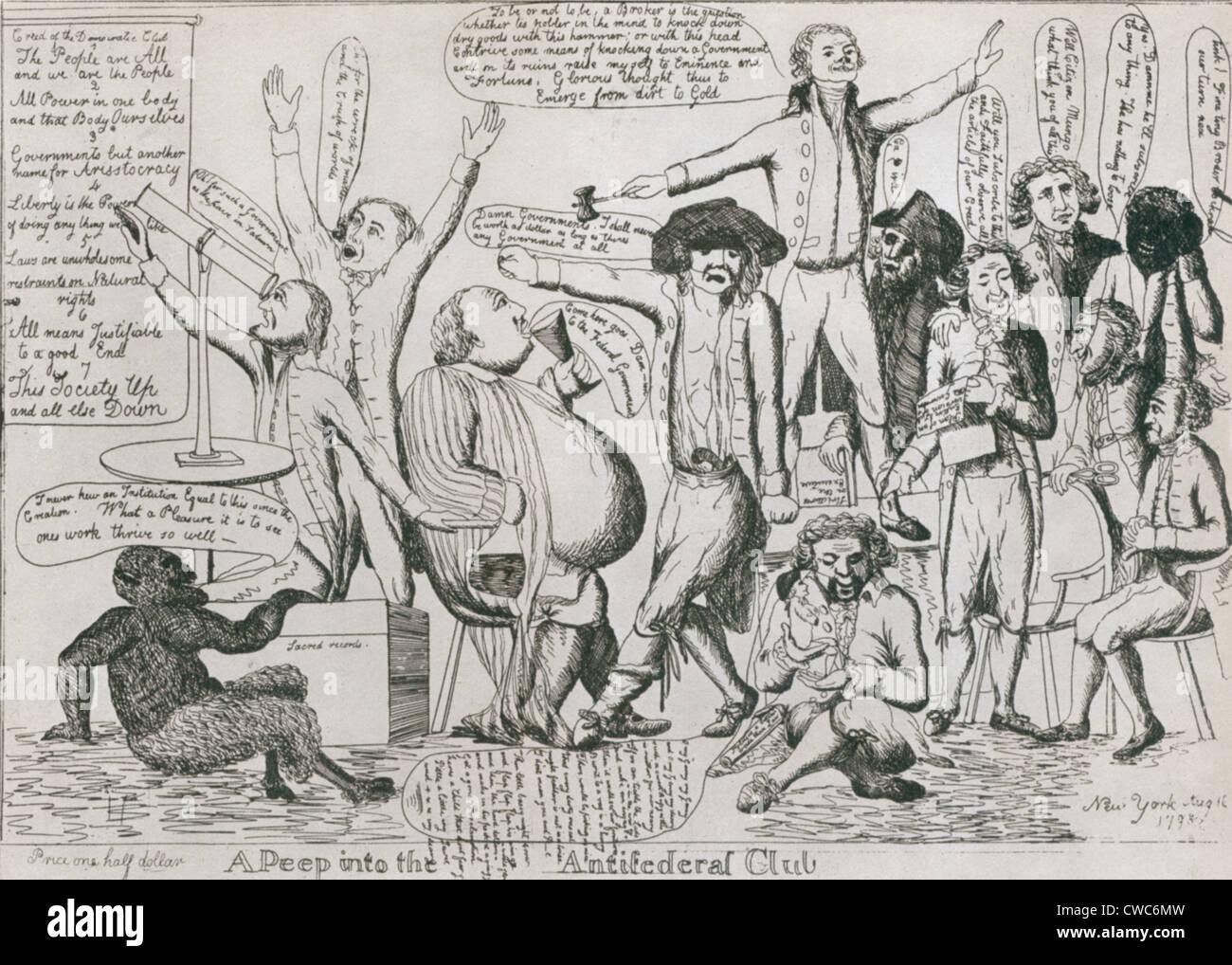 Federalist cartoon of 1793 shows Republicans as a mob of violent anarchists consorting with the devil. Jefferson is speaking Stock Photo