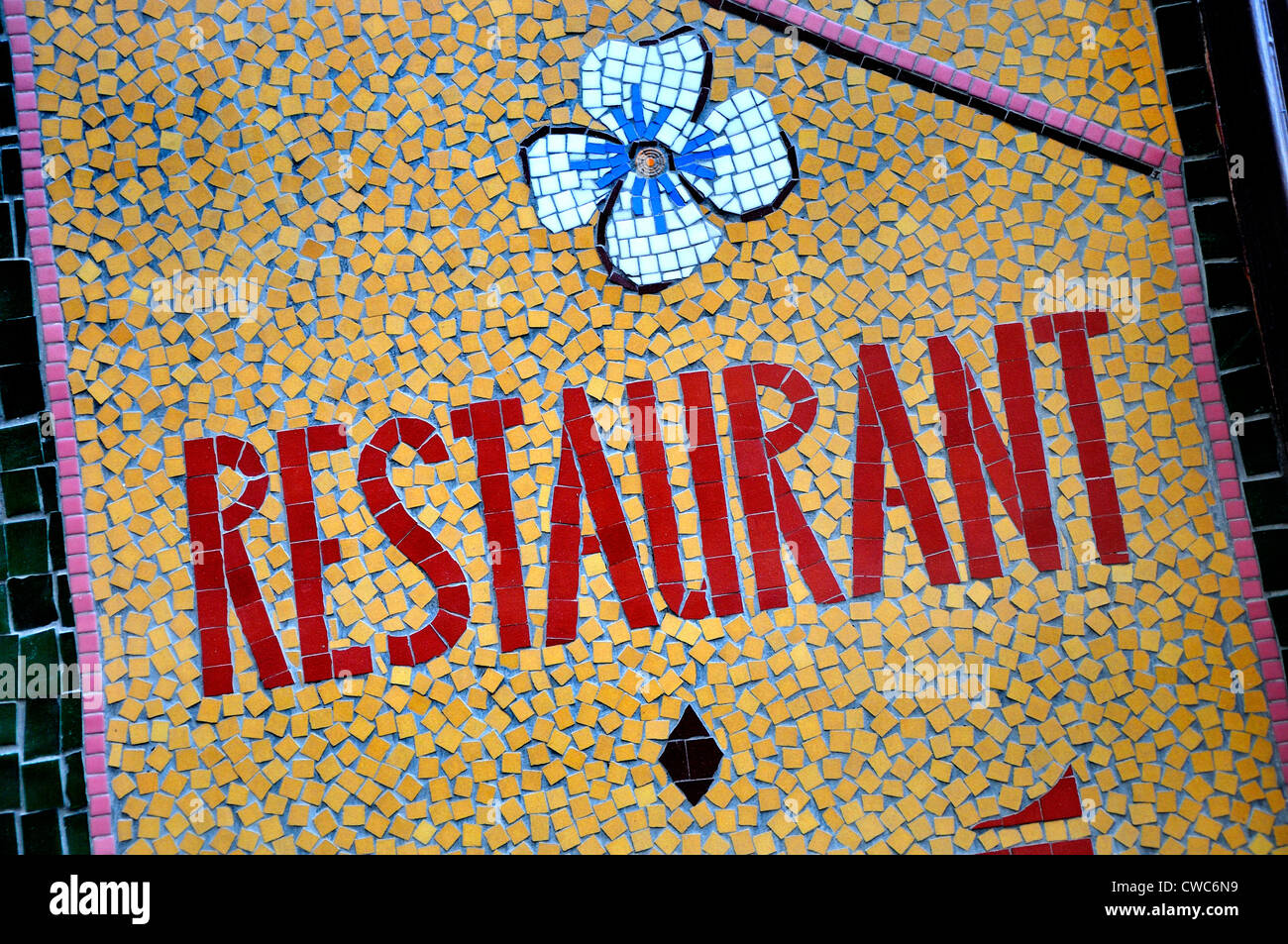 Paris, France. Cour du Commerce Sainte-Andre. Mosaic facade of Relais Odeon, Restaurant / café Stock Photo