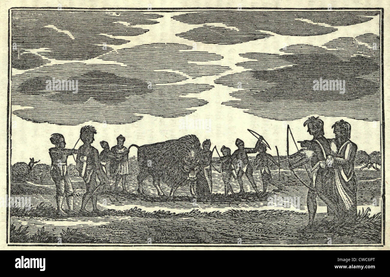 Illustration from Lewis and Clark's journal of the expedition from 1803-6. Native Americans and a Buffalo. Stock Photo