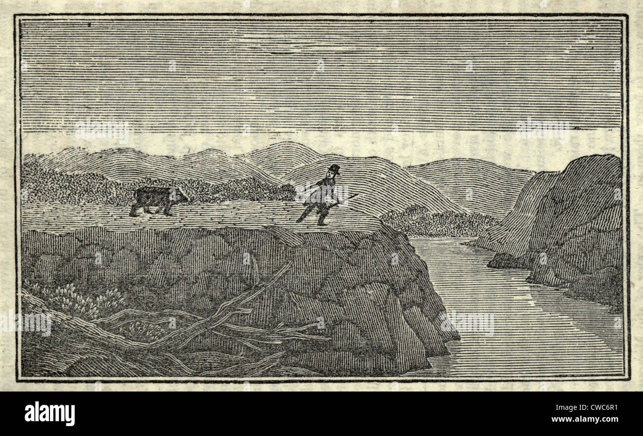 Illustration of Lewis and Clark's expedition from 1803-6. Man chased by a bear. Stock Photo