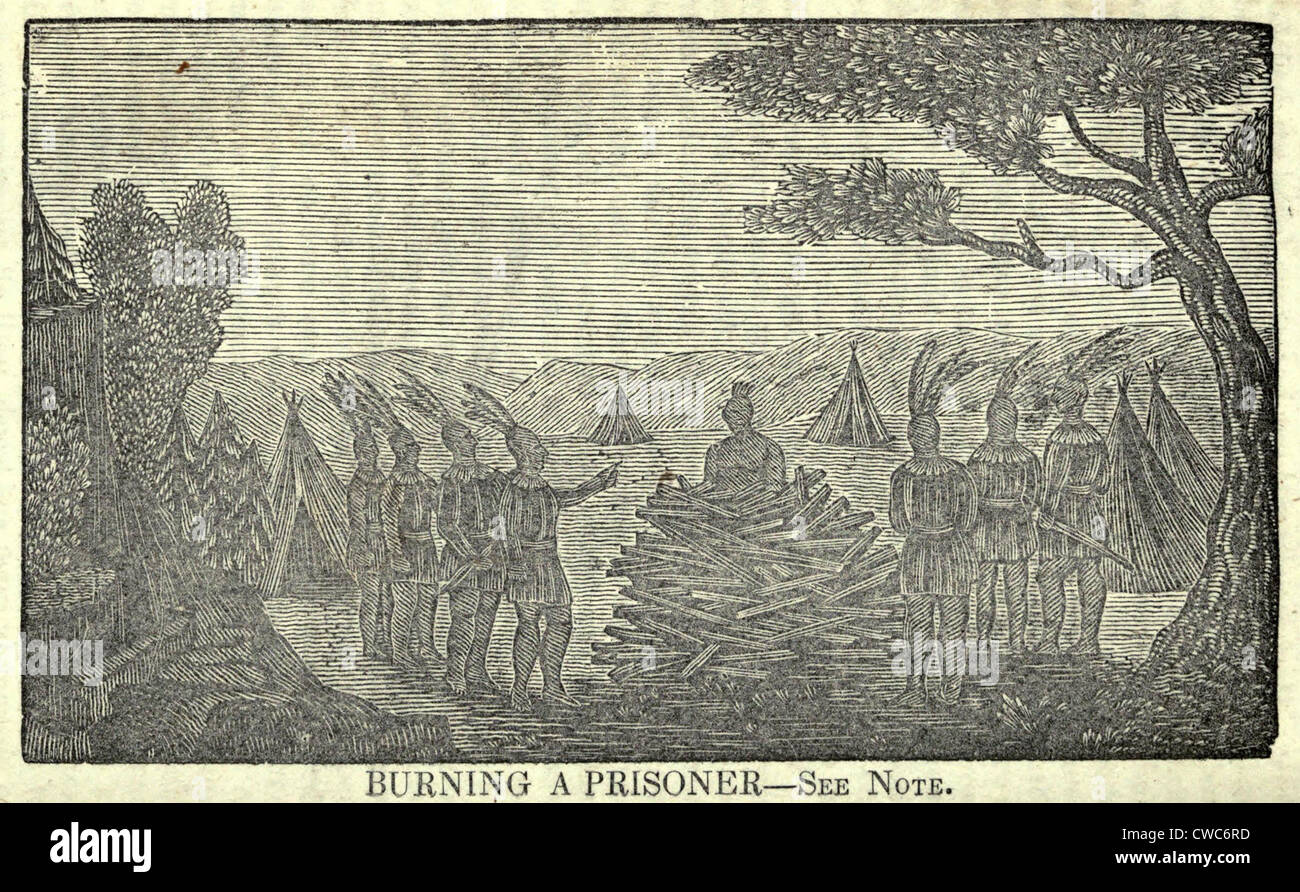 Illustration of Lewis and Clark's expedition from 1803-6. Indians burning a Prisoner. Stock Photo