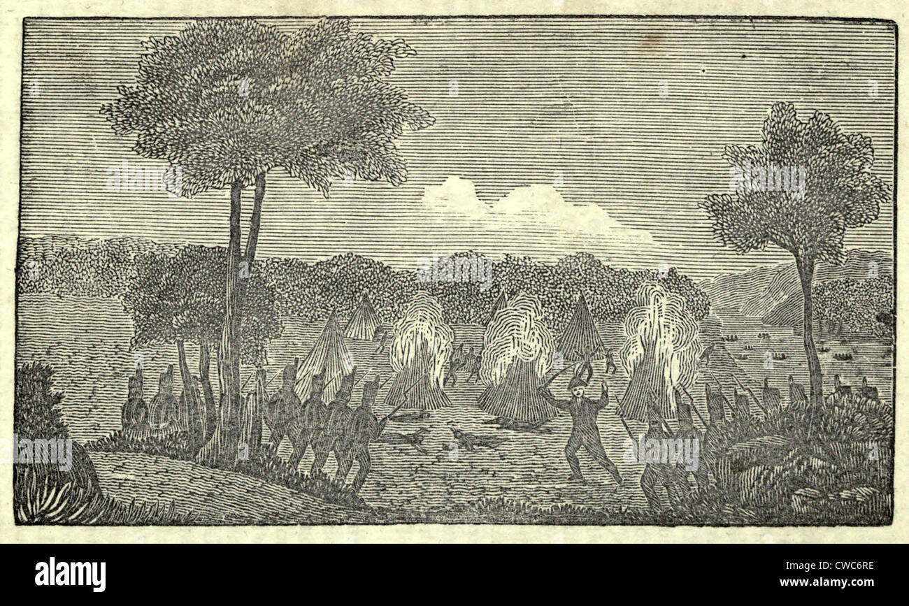 Illustration of Lewis and Clark's expedition from 1803-6. Soldiers burning an Indian encampment. Stock Photo