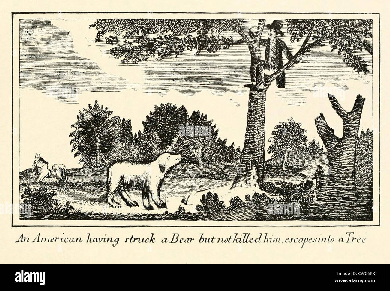 Illustration from Lewis and Clark's journal of the Corps of Discovery from 1803-6. 'American having struck a Bear but not Stock Photo