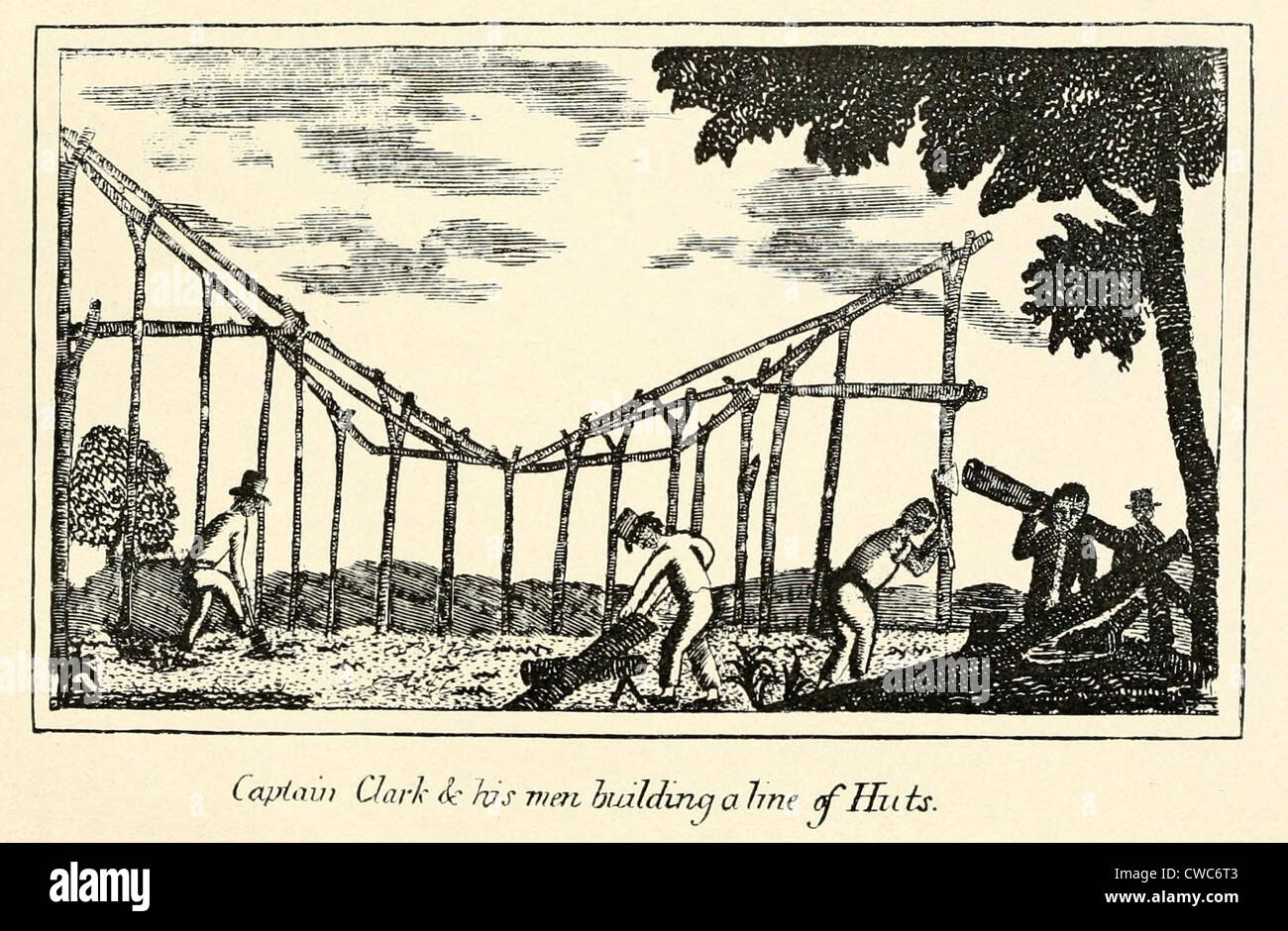 Illustration from Lewis and Clark's journal of the Corps of Discovery from 1803-6. 'Captain Clark and his men building line of Stock Photo