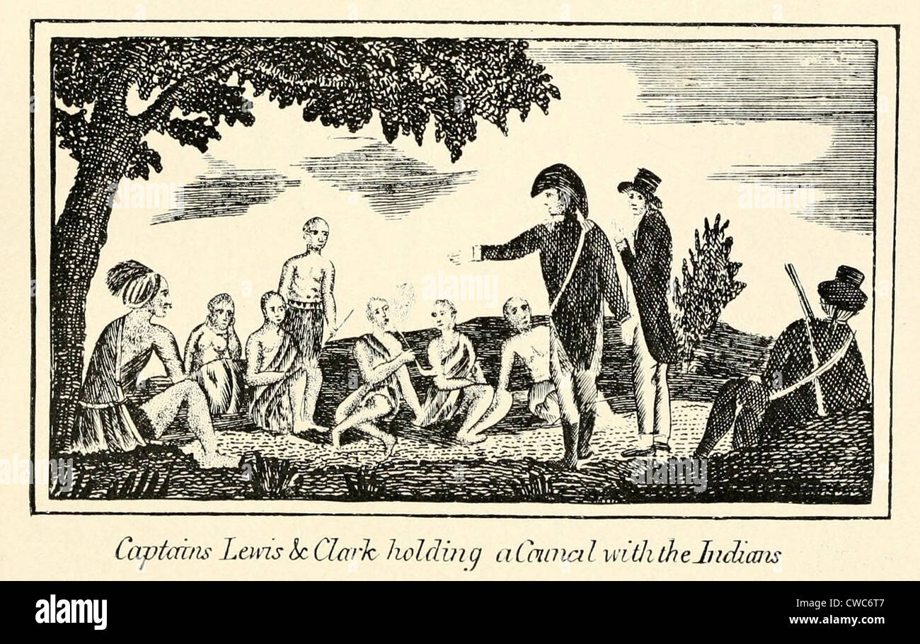 Illustration from Lewis and Clark's journal of the Corps of Discovery from 1803-6. 'Captains Lewis and Clark holding a Council Stock Photo