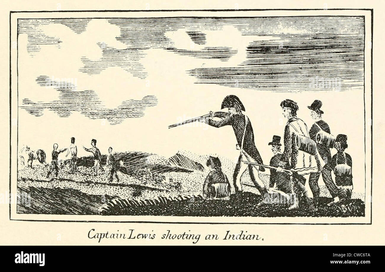 Illustration from Lewis and Clark's journal of the Corps of Discovery from 1803-6. 'Captain Lewis shooting an Indian.' Stock Photo