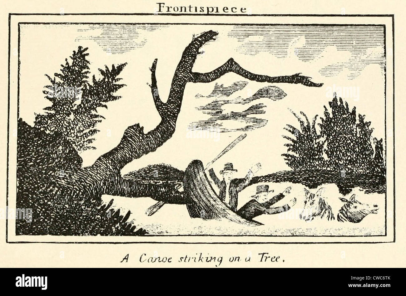 Illustration from Lewis and Clark's journal of the Corps of Discovery from 1803-6. 'A Canoe striking on a tree.' Stock Photo