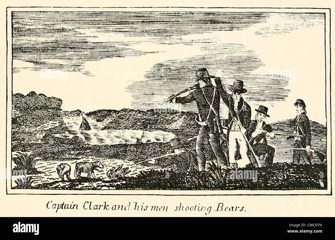 Illustration from Lewis and Clark's journal of the Corps of Discovery from 1803-6. 'Captain Clark and his men shooting bears.' Stock Photo