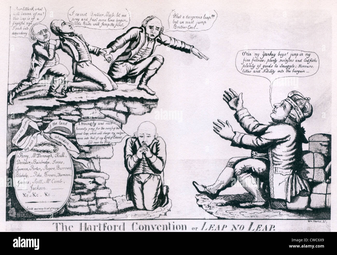 The Hartford Convention. Political cartoon shows three New England states on the ledge plotting to jump into the arms King Stock Photo