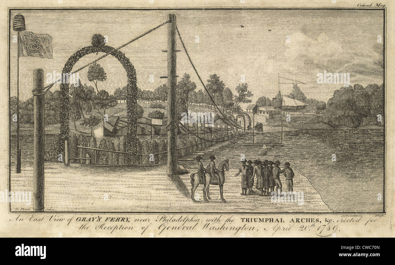 Celebration of Washington's Inauguration. View of Gray's Ferry near Philadelphia with the Triumphal Arches erected for the Stock Photo