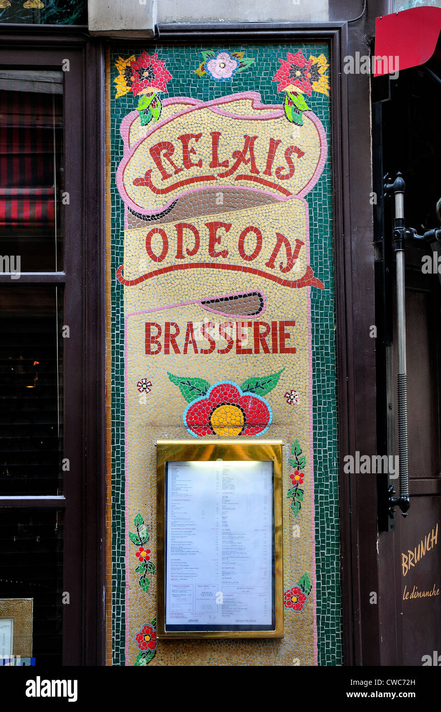 Paris, France. Cour du Commerce Sainte-Andre. Mosaic facade of Relais Odeon, Restaurant / café Stock Photo