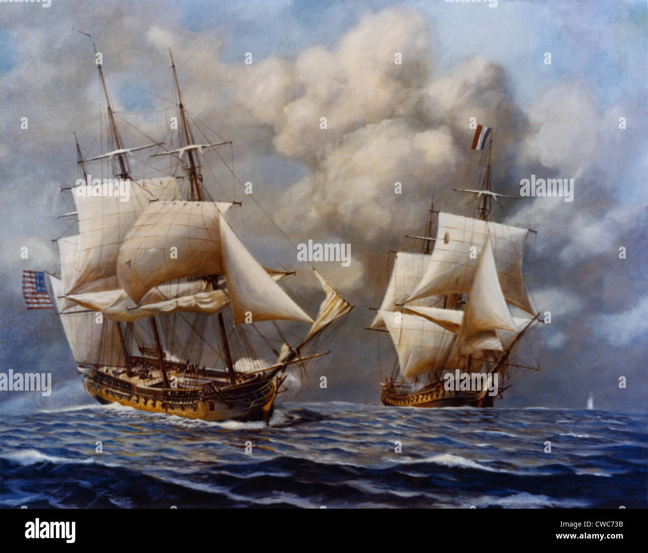 USS Constellation defeats L'Insurgente. The Battle between the American Frigate USS Constellation and the French frigate Stock Photo
