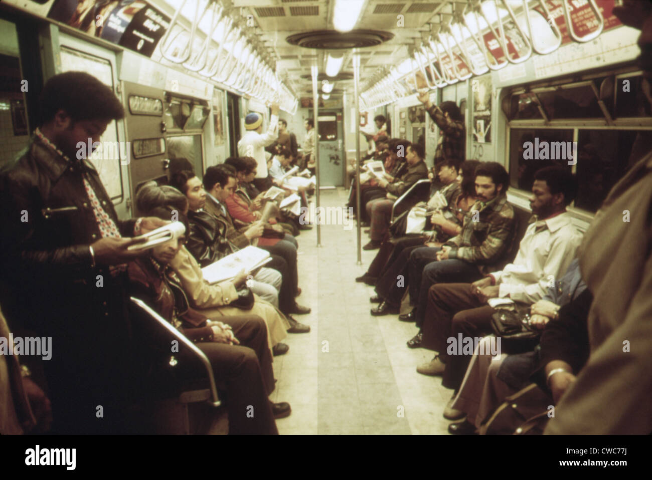 Passengers on the New York City Subway. May 1973. Stock Photo