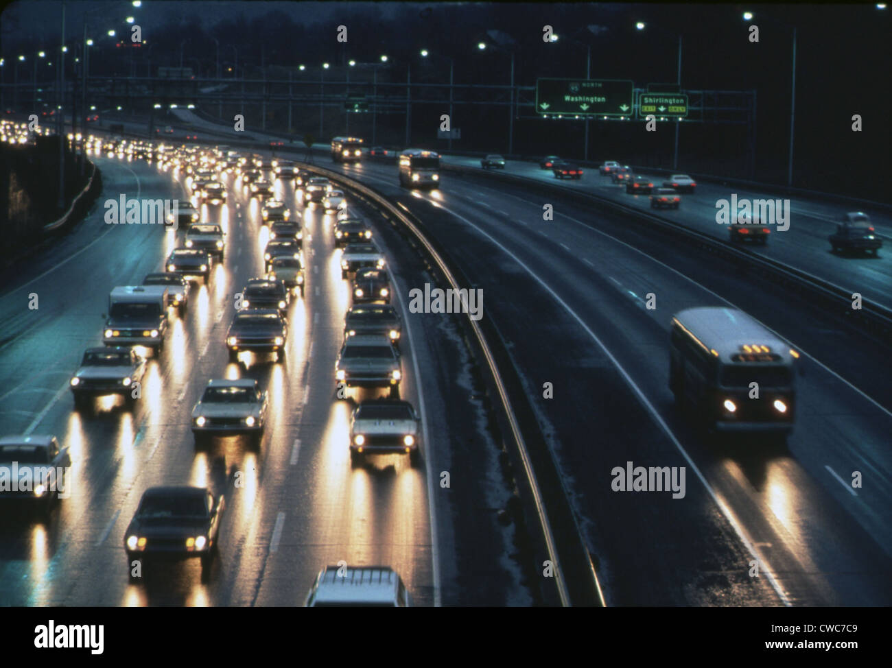 An express bus lane allows public transportation to speed past the congested rush hour traffic on the Shirley Highway Stock Photo