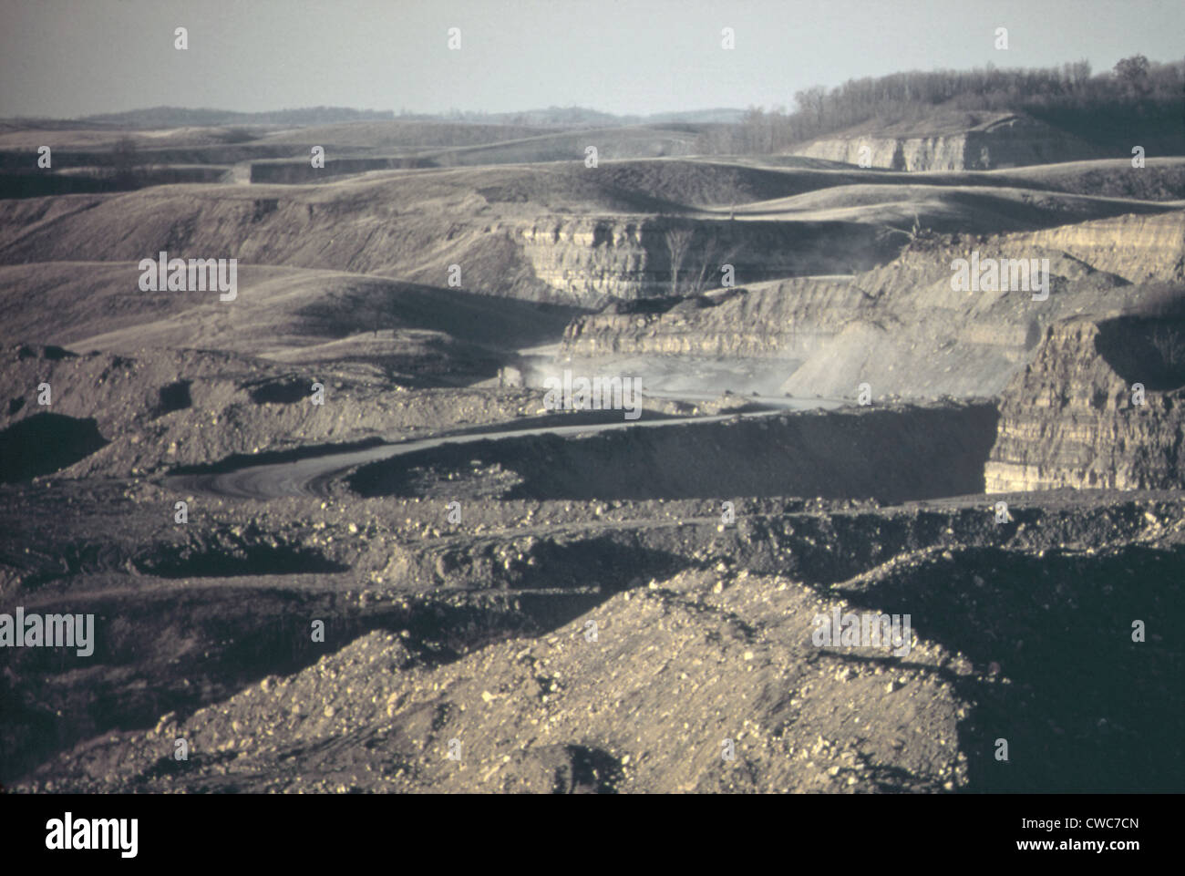 An artificial Badlands describes the scarred landscape after coal strip mining by the Hanna Coal Company in southeastern Ohio. Stock Photo
