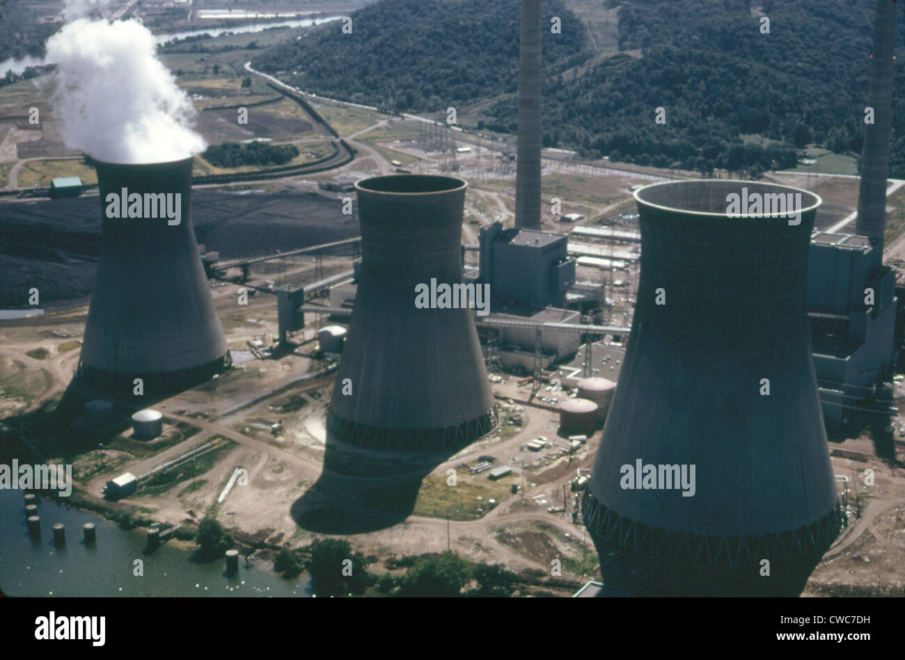 Water cooling towers of the John Amos Power Plant is a coal fueled