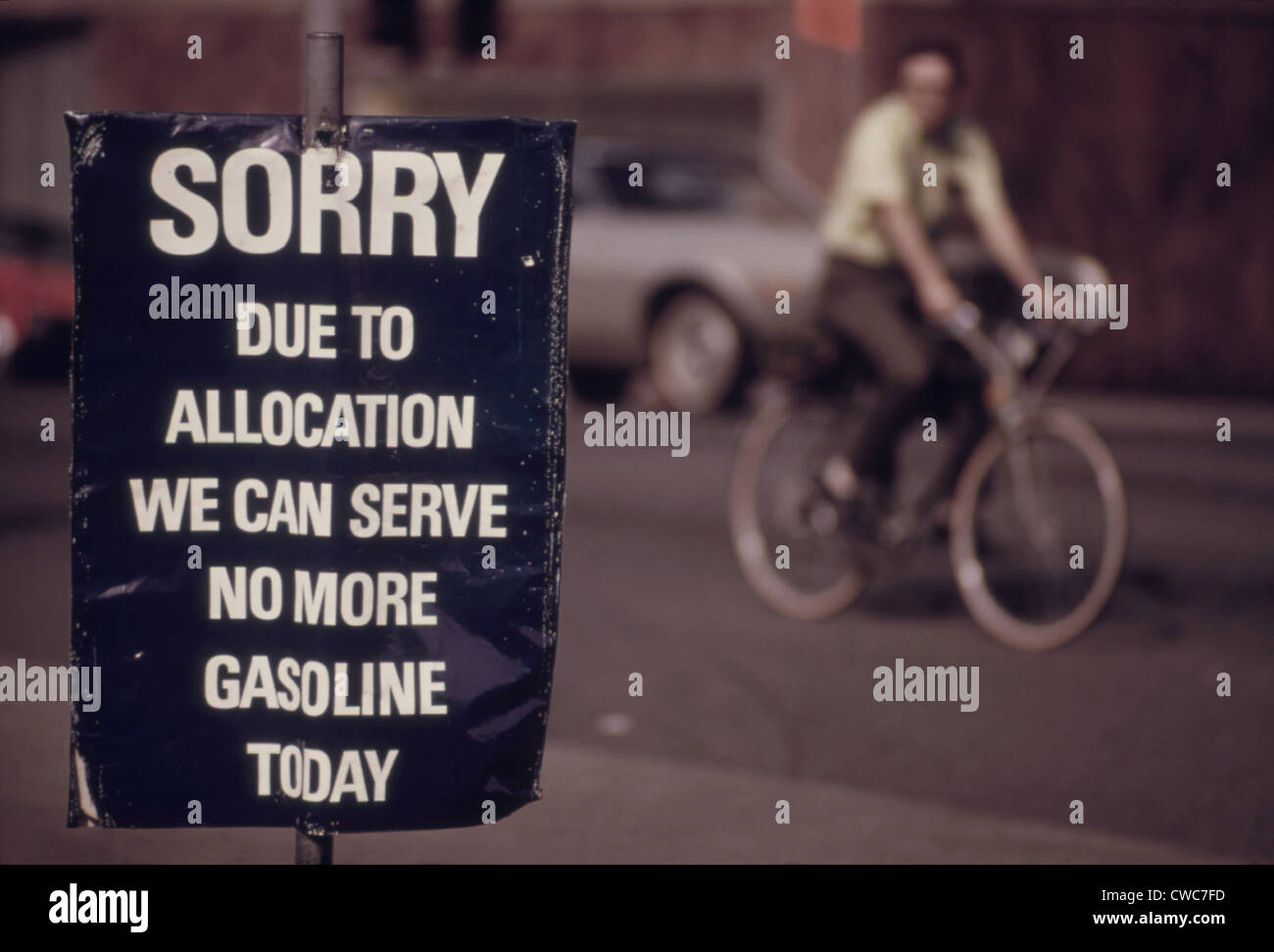 'Sorry. Due to allocation we can serve no more gasoline today ' reads a sign at the end of the energy crisis in April 1974 when Stock Photo