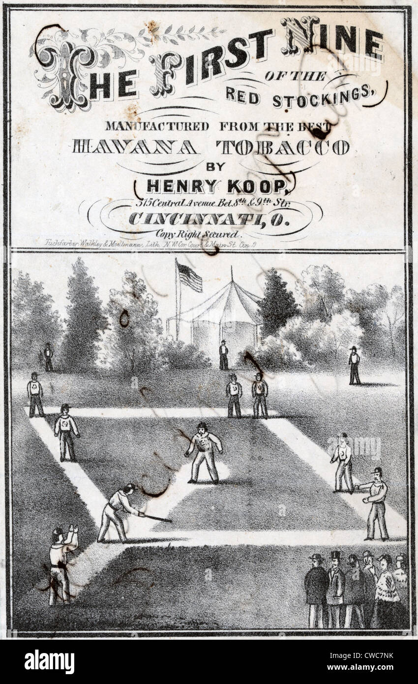 Print of tobacco package label showing the Cincinnati Red Stockings on the field during a game 1869 Stock Photo