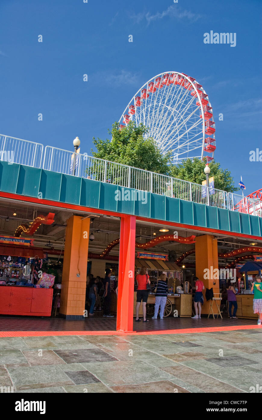 Ferris Wheel and shops at Navy Pier in Chicago, Illinois Stock Photo