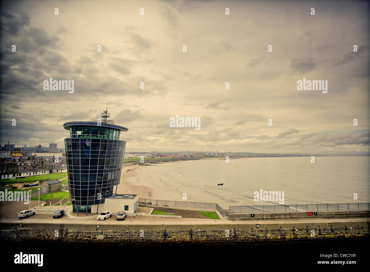 View of the Aberdeen Harbour control tower, taken as the ferry leaves the harbour Stock Photo