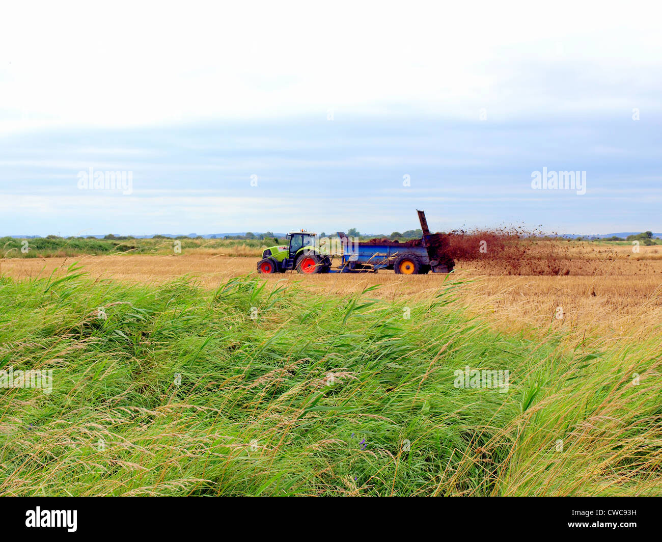A farmer using a muck spreader to fertilise his fields Stock Photo Alamy