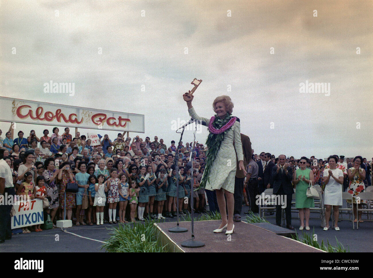 First Lady campaigning in Hawaii. A crowd of mostly women applaud as Pat Nixon receives a Key to the City of Hilo on the Big Stock Photo