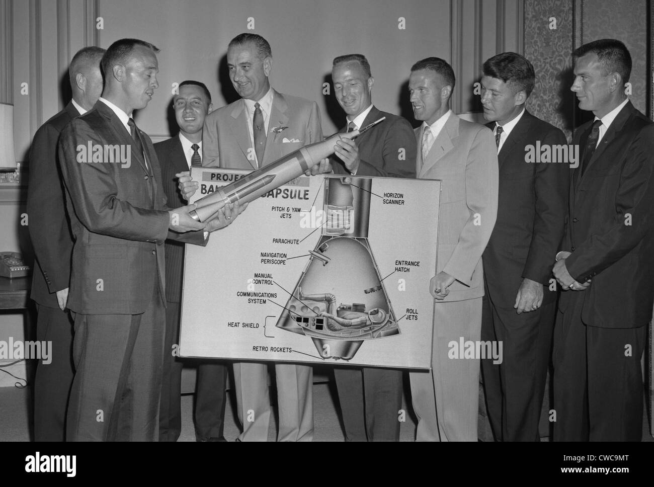 Senate Majority Leader, Lyndon Johnson, posing with U.S. Mercury astronauts: L-R: Alan Shepard, John Glenn (behind Shepard), Stock Photo
