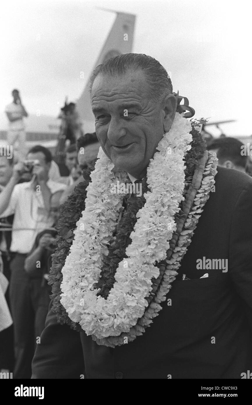 President Lyndon Johnson in Hawaii. He is wearing a lei, given to him on his arrival for major summit with South Vietnamese Stock Photo