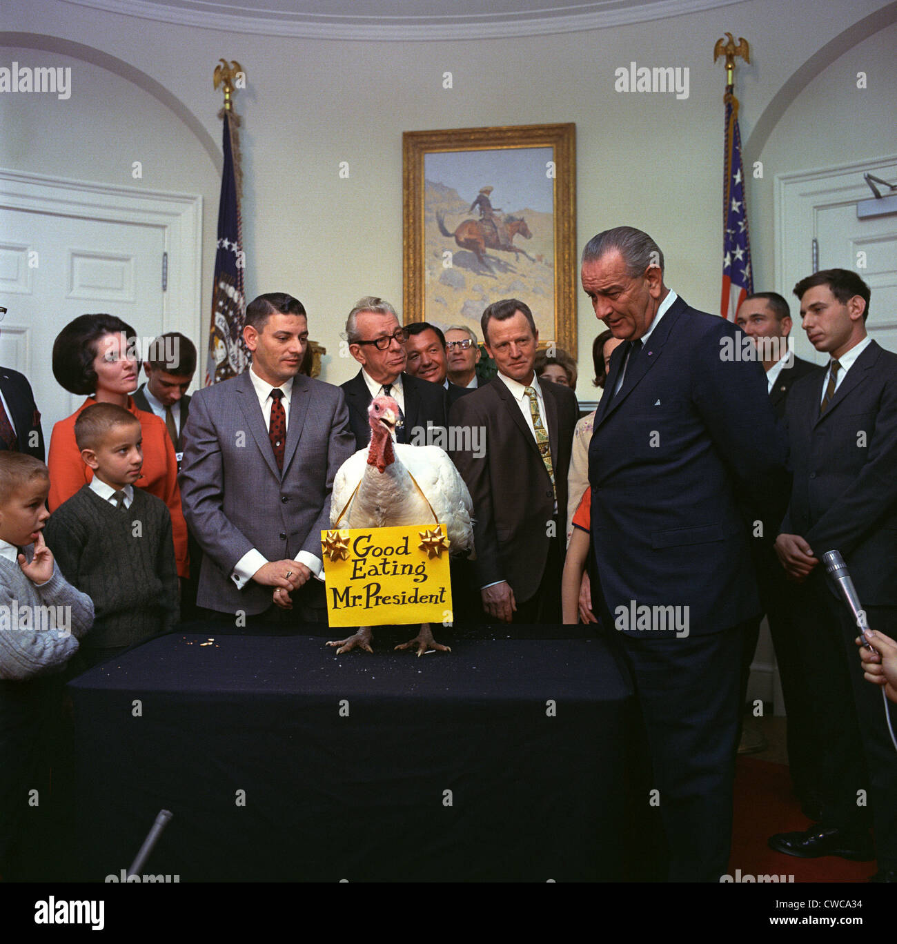 The Annual White House Thanksgiving Turkey event. Sen. Everett Dirksen and lobbyists from the poultry industry present a turkey Stock Photo