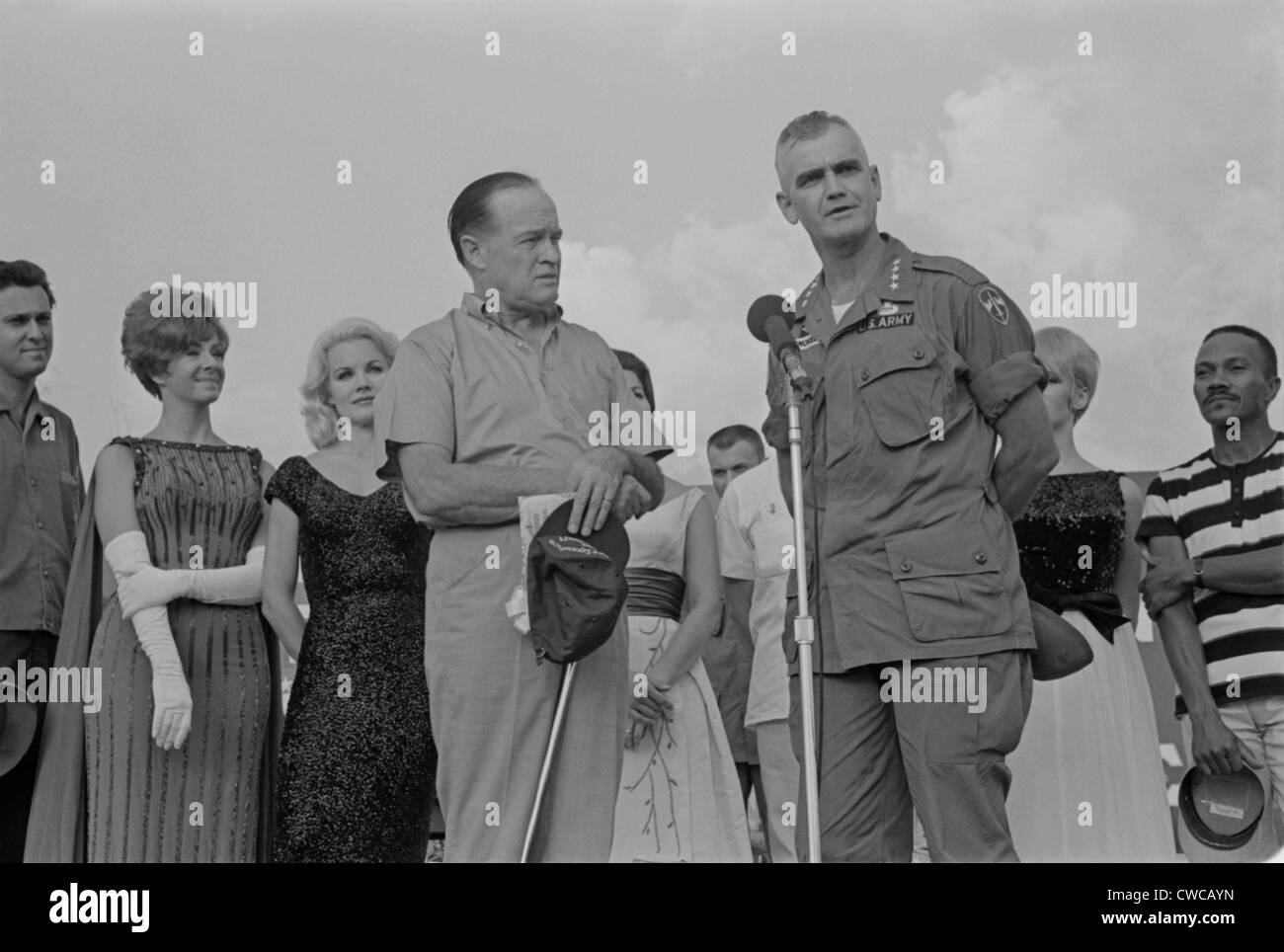 General William Westmoreland, thanks entertainer Bob Hope at his 1965 USO Christmas tour to entertain US troops in Vietnam. Dec Stock Photo