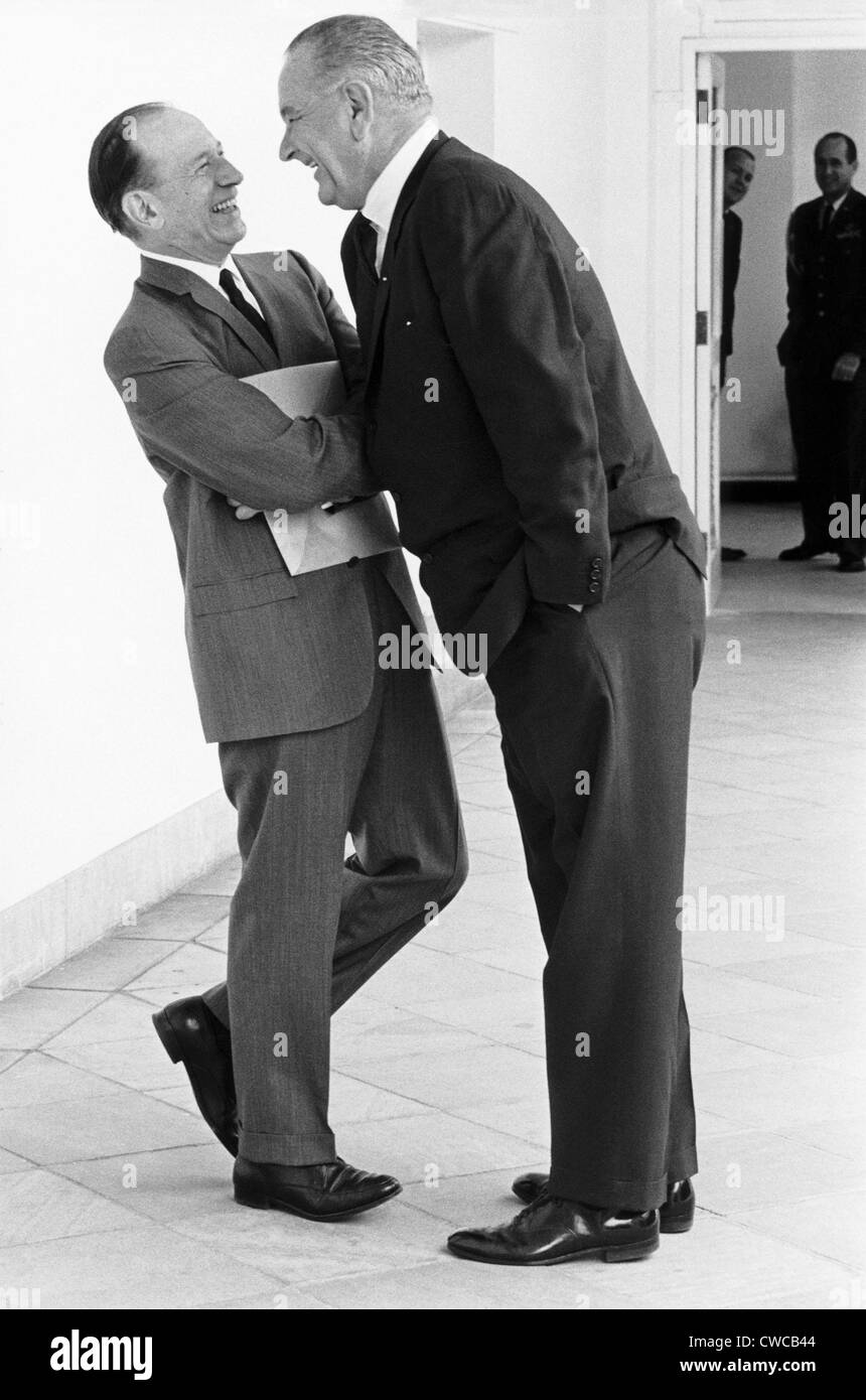 President Lyndon Johnson bends into the personal space of his loyal advisor and later nominee to the Supreme Court, Abe Fortas. Stock Photo