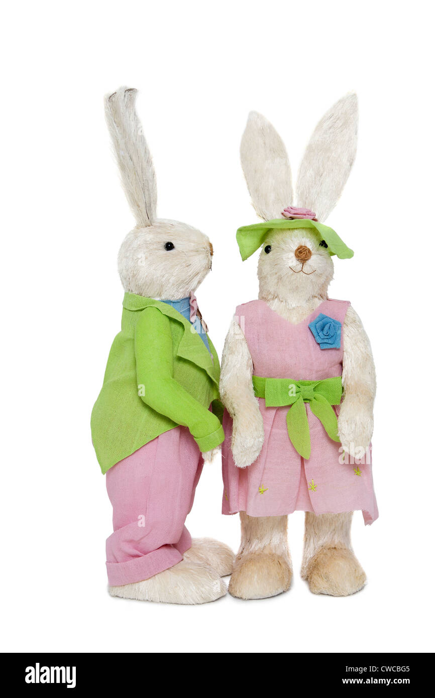Male and female Bunnies standing over white background Stock Photo