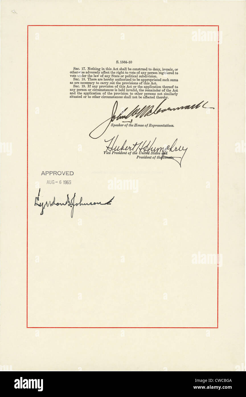 1965 Voting Rights Act. Last page with signatures Speaker of the House, John McCormack; VP and President of the Senate, Hubert Stock Photo