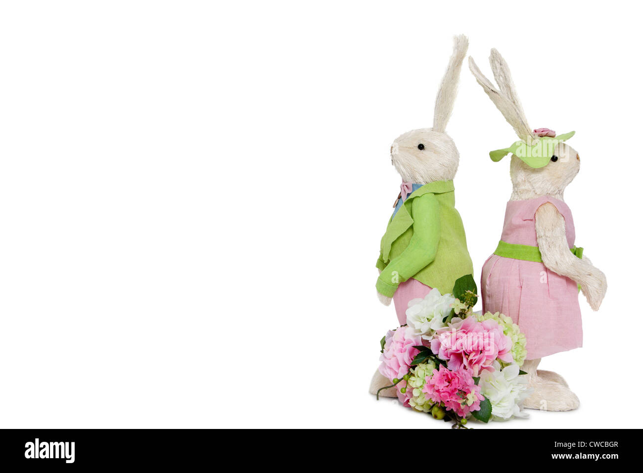 Rabbit couple standing back to back with flower bouquet over white background Stock Photo