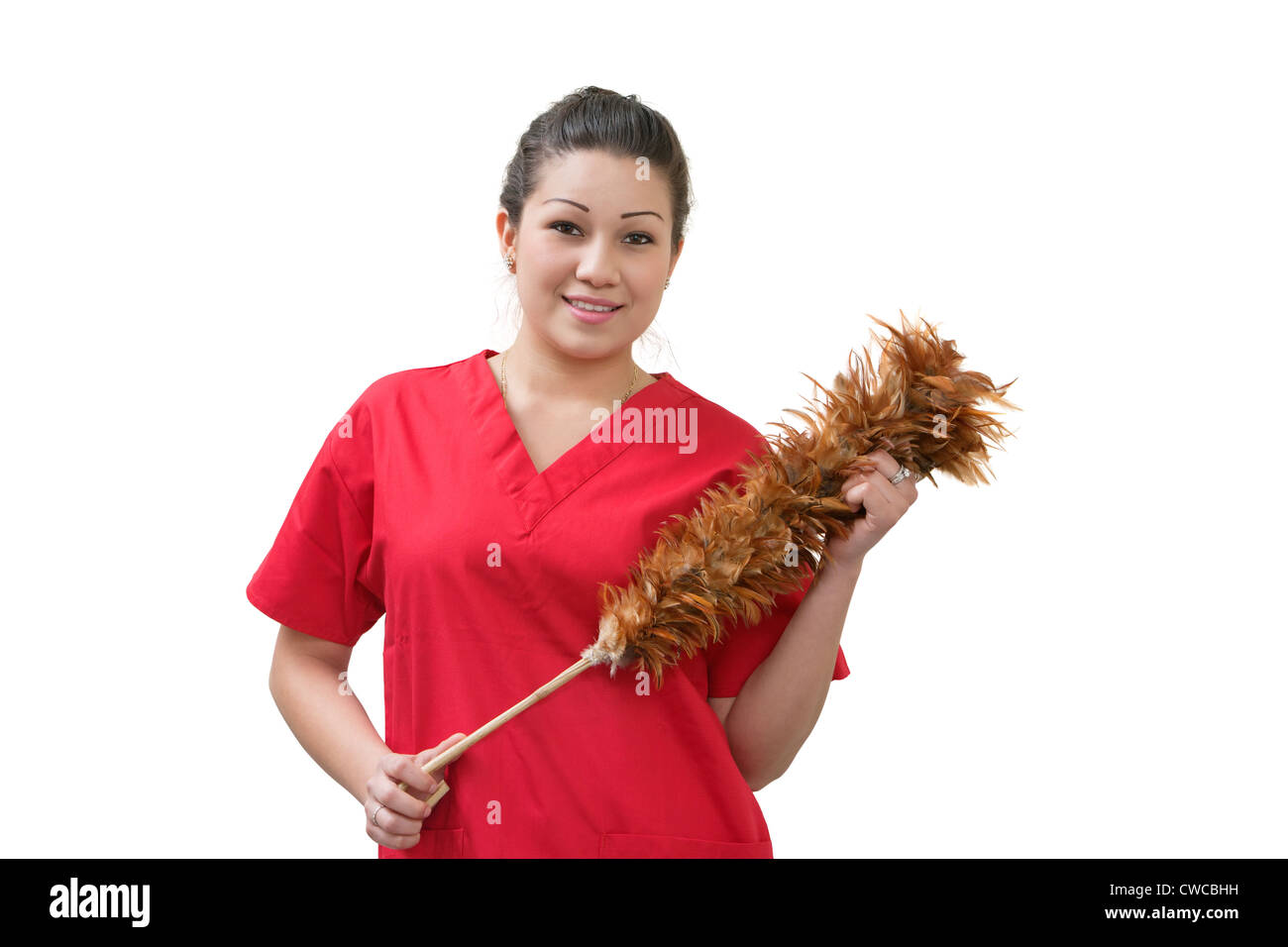 Native American house cleaner holding feather duster over white background Stock Photo