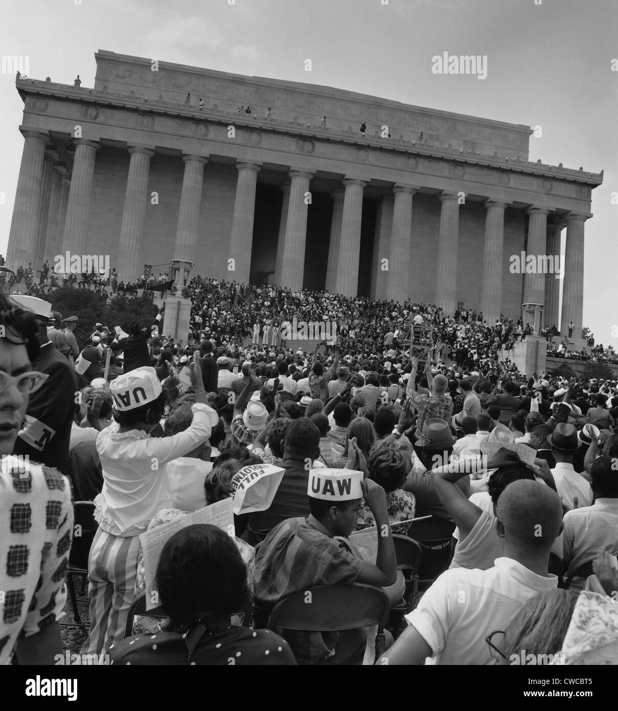 1963 March on Washington. View of the ceremonies on the steps of the Lincoln Memorial from the audience on the Capitol Mall. Stock Photo