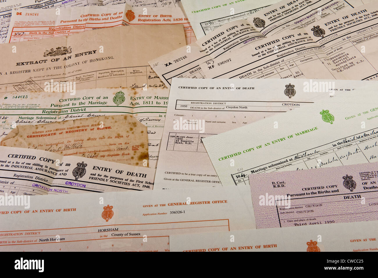 Some birth, death and marriage certificates, originals and copies. Stock Photo