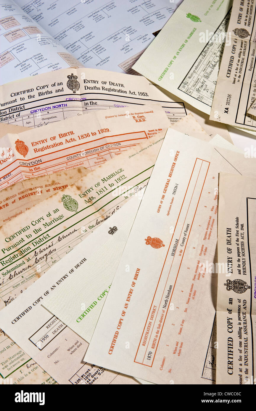 Some birth, death and marriage certificates, originals and copies. Stock Photo