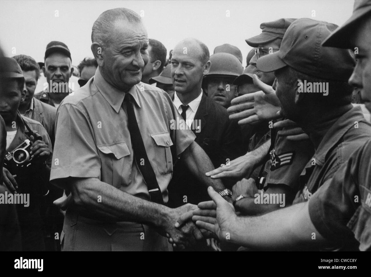 President Johnson in South Vietnam. LBJ visits US soldiers at Cam Ranh