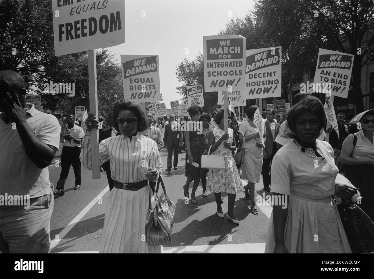 March on Washington. African Americans carrying a dense sea of signs. August 28, 1963. Stock Photo
