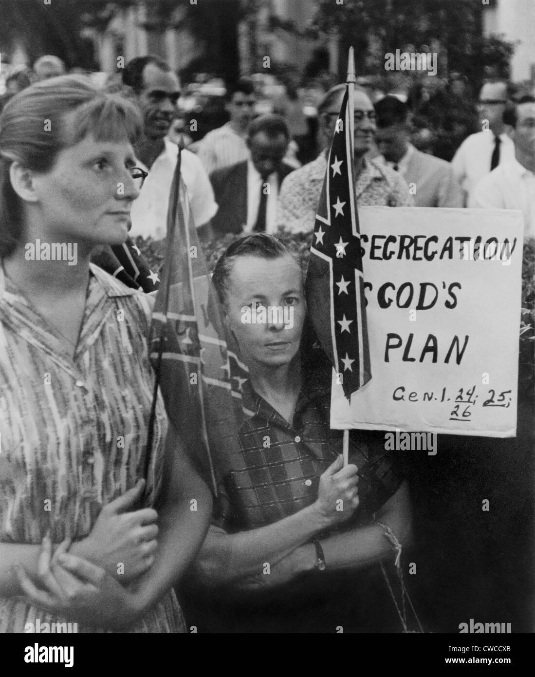 St. Petersberg, Florida demonstrators support segregation. Woman holds a Confederate flag and a sign reading, 'Segregation is Stock Photo