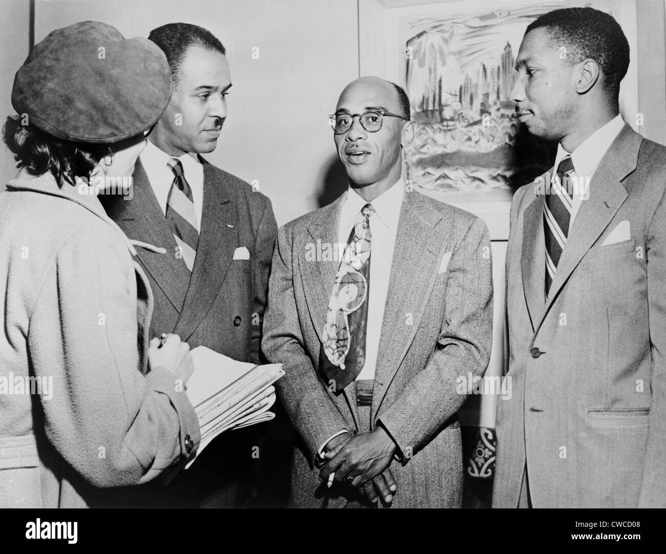 NAACP leaders during press conference at their New York City headquarters. L-R: Roy Wilkins, Heman Sweatt, Robert L. Carter. Stock Photo